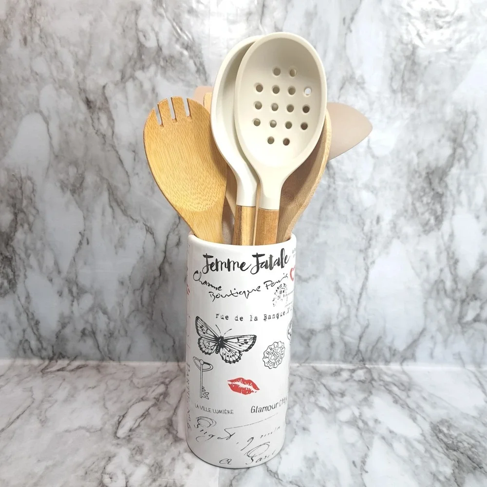 Vintage Style Ceramic Vase/Utensil‎ Holder White/Black 7.5 Inches Tall Multi-Use